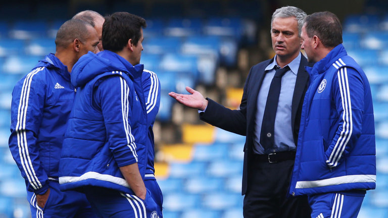 Mourinho and his staff held a meeting on the pitch after the 3-1 defeat to Liverpool (Image from PA)